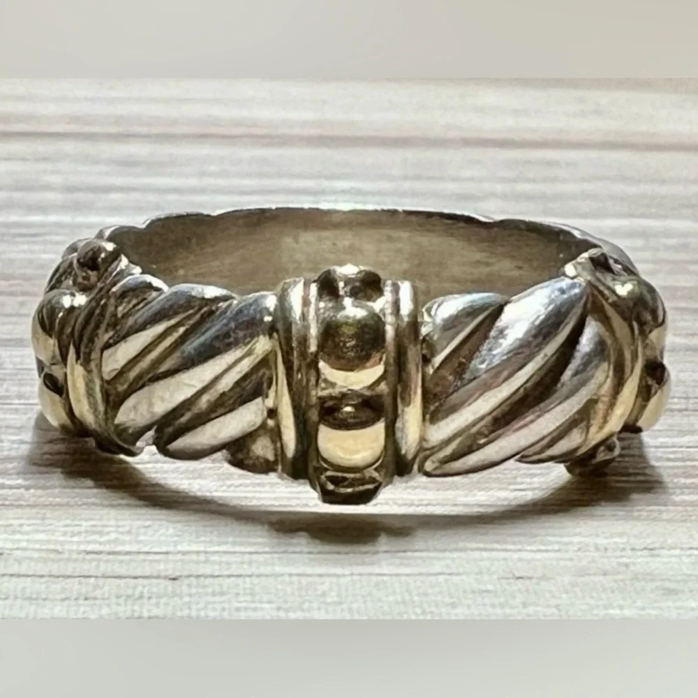 Designer Signed Sterling Silver & 10K Yellow Gold Dotted Cable Ring, Size 6.5